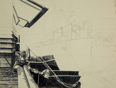 Incomplete Sketch of Ship at Dock