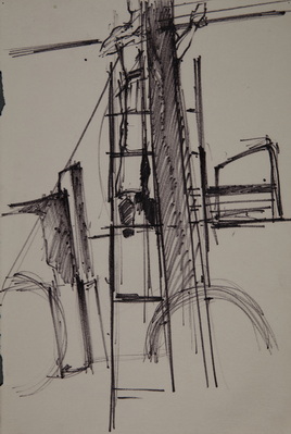 Sketch of Soldier on Ladder Stringing Wire