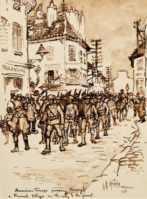 American Troops Passing Through A Village