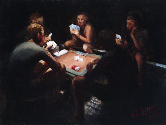 Marines playing cards after dark at FOB Delhi, Afghanistan, 2009