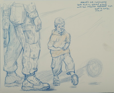 Untitled (Afghan Refugee Boy and Marine kick around a ball, Sept 8, 2021)