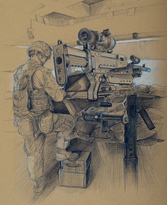 Untitled (Marine posted at a large gun on sandbags), drawn across two sheets of paper